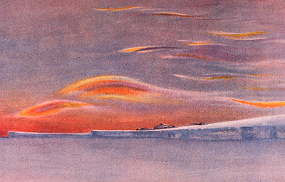 Edward Wilson, watercolour painting - Iridescent clouds looking north from Cape
Evans